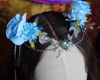 Tiara de fantasia floral azul, tiara élfica, acessório de cabeça de elfo, diadema de fantasia de fada, coroa de casamento de fantasia, tiara de fada da floresta