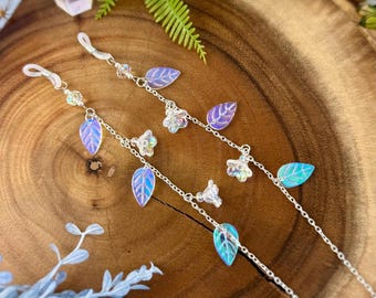 フェアリーコア メガネチェーン 虹彩の葉と花のメガネホルダー