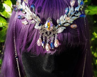 Srebrna tiara elfów, ametystowa korona wróżek, opaska wróżki, fantazyjna ozdoba ślubna, fioletowa kryształowa tiara