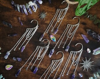 Amethyst ear cuff, No piercing earring, Gemstone dangle Earrings, Witchy jewelry, Fairy elf ear jewelry, Purple ear cuff