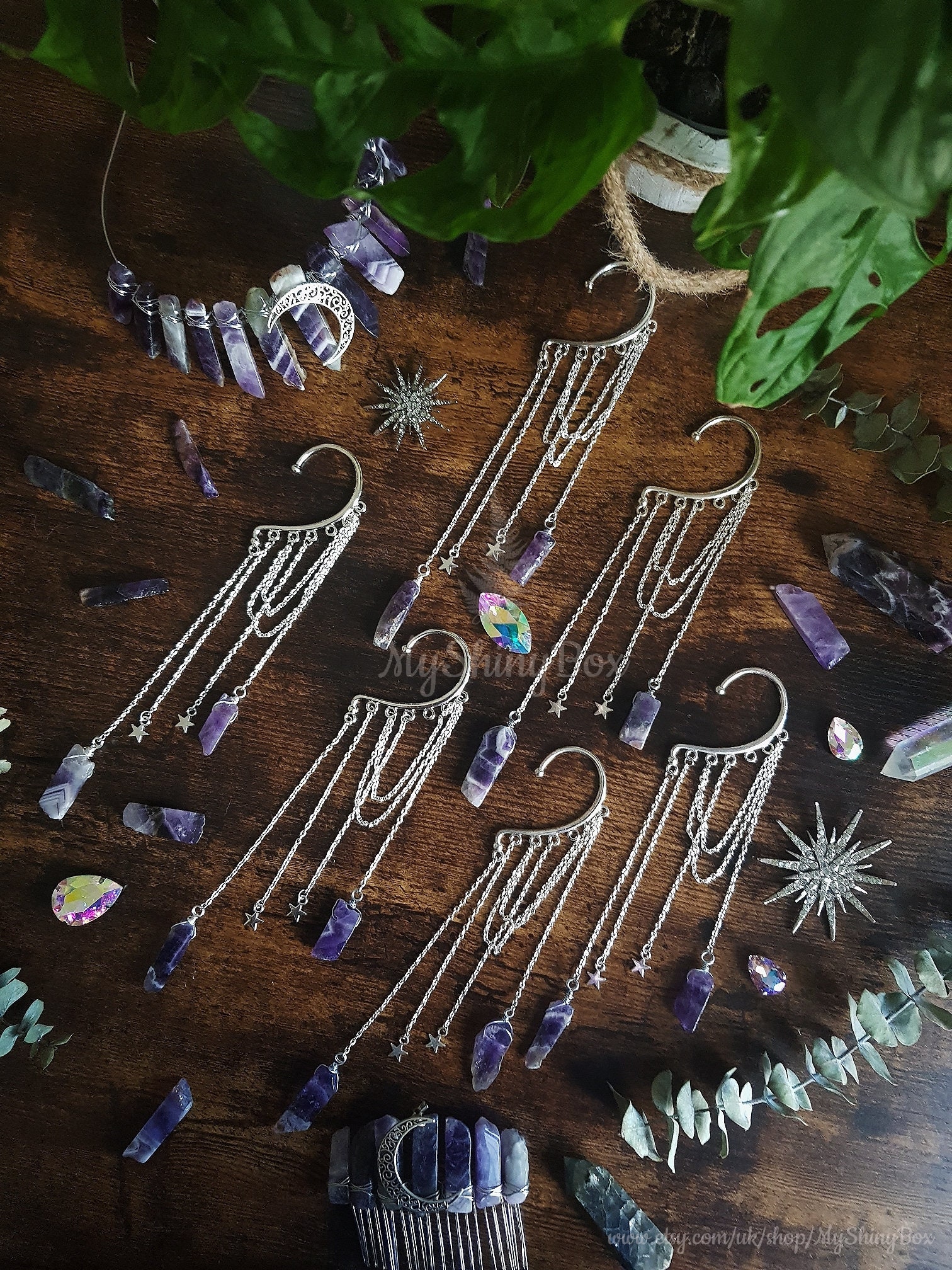 Amethyst Crystal ear cuff, Purple gemstone ear wrap, No piercing fairy earring, Witchy elf jewelry