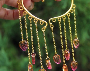 Autumn Leaf Dangle Ear Cuff, No Piercing, Fairycore Elven Ear Wrap