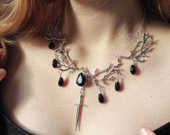 Black Enchanted necklace with sword charm and branches, Lady knight jewelry, elven warrior necklace, Gothic necklace