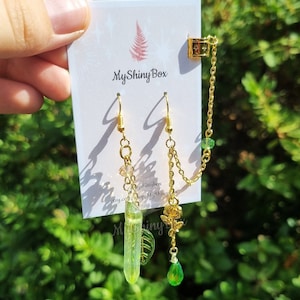 Green Quartz Earrings with Chain Cuff - green fairy earrings - Nature inspired earrings - Cottagecore crystal earrings - dangle ear cuff
