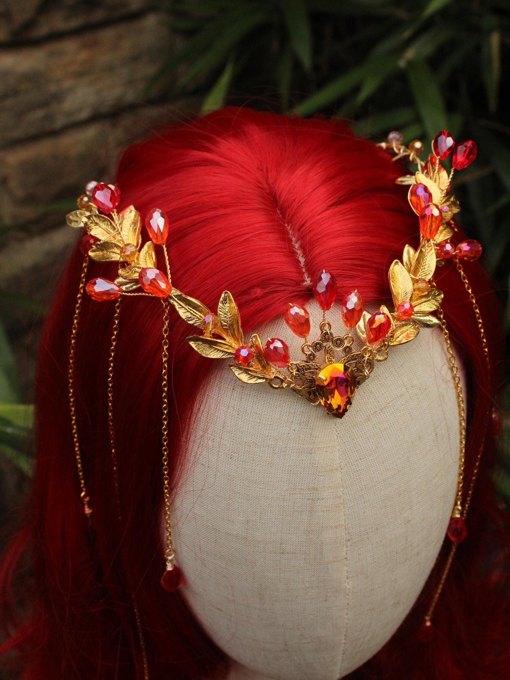 Red Elven Crystal Tiara, Flame-inspired Gold Circlet  display picture 2