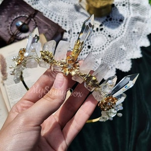 Clear quartz quartz tiara crown, bohemian wedding hair accessory, Quartz princess tiara, Golden gemstone quartz crown