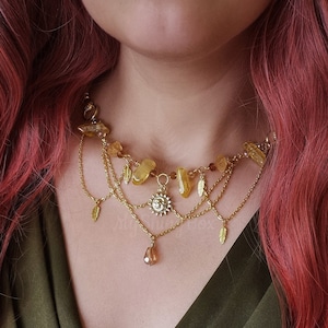 Gemstone Quartz golden necklace, whimsical fancy chocker, fairy grunge necklace, celestial sun necklace, handmade whimsigoth necklace