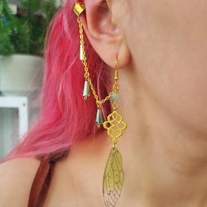 Green Fairy Wing Earrings with crystal Beads & Ear Cuff – Mismatched Forest Elf Jewelry, Whimsical Earrings - Fantasy Gift for Her