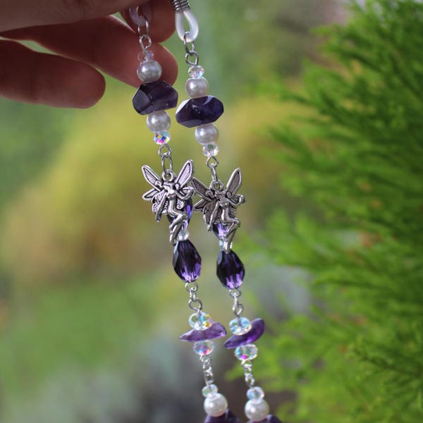 Amethyst fairy glasses chain, Purple Fantasy eyewear strap, Witchy gemstone eyeglass chain