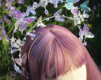 Rainbow Butterfly Fairy Halo Crown, Iridescent Fantasy Goddess Headpiece