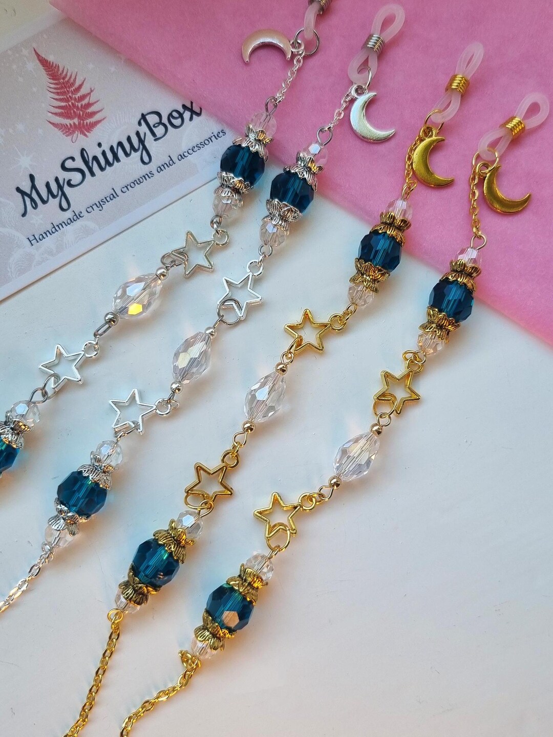 Celestial Moon & Star Teal Gemstone Glasses Chain