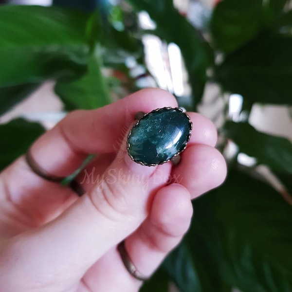 Aquatic moss agate 13*18 bronze adjustable ring, witchy boho wiccan bohemian occult elven festival moonstone crystal ring