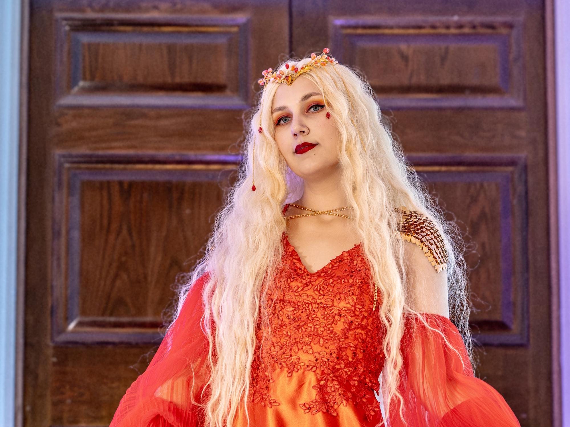 Red Elven Crystal Tiara, Flame-inspired Gold Circlet 