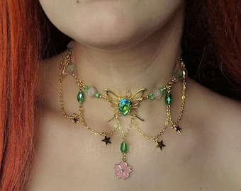 Green Butterfly fairy necklace, Pink flower layered choker, Whimsical Fairycore jewellery