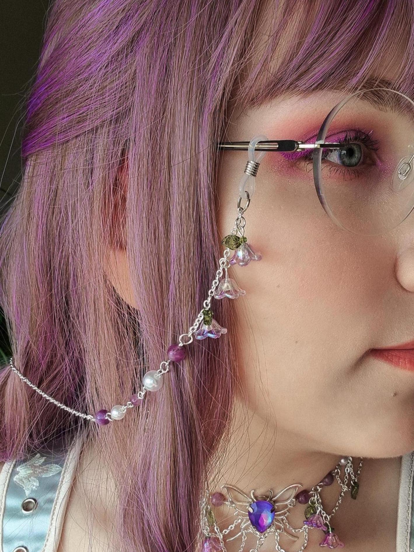 Wisteria Gemstone Eyeglass Chain, Purple Floral Glasses