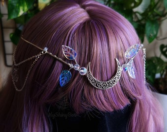Crescent Moon silver fairy tiara, Elven Tiara, Elf Headpiece, Fairy Costume Circlet, Fantasy Wedding Crown, Handcrafted celestial crown