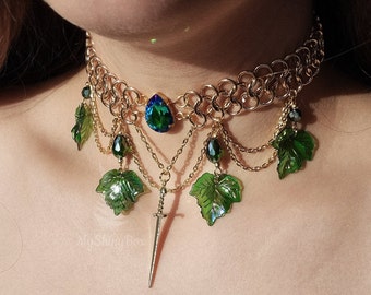 Chainmail necklace Green Ivy Leaf, Fairy Warrior chocker, Knightcore jewelry
