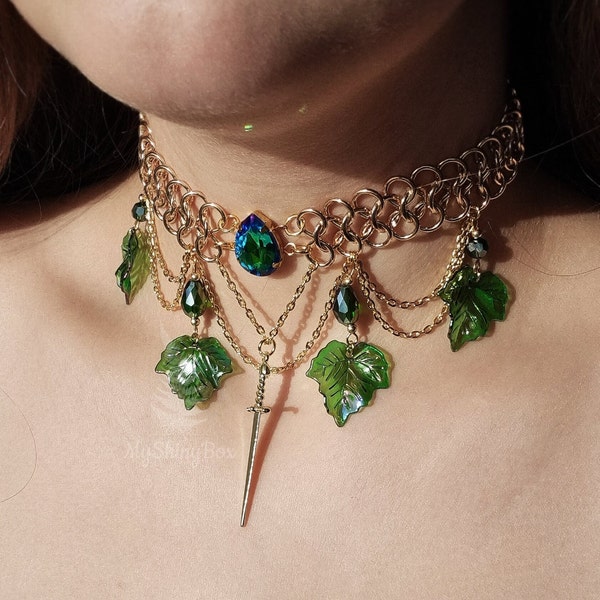 Klimopgroene strass maliënkolder, sprookjeskrijger maliënkolder ketting, ambachtelijke handgemaakte maliënkolder ketting, dikke statement ketting