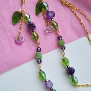 Green and purple glasses chain, Amethyst eyeglass chain, Fantasy glasses chain, Fairy glasses chain