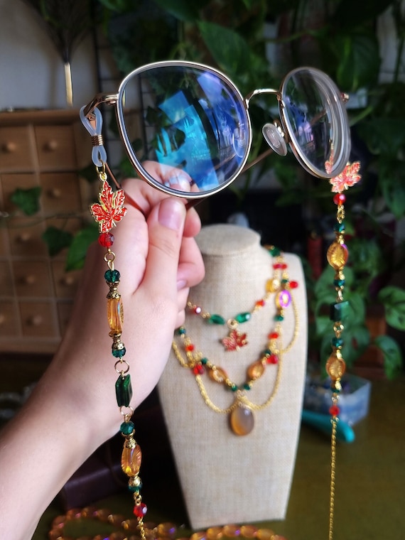 Autumn Glasses Chain, Leaf Charm Eyeglass Chain, Green and Orange