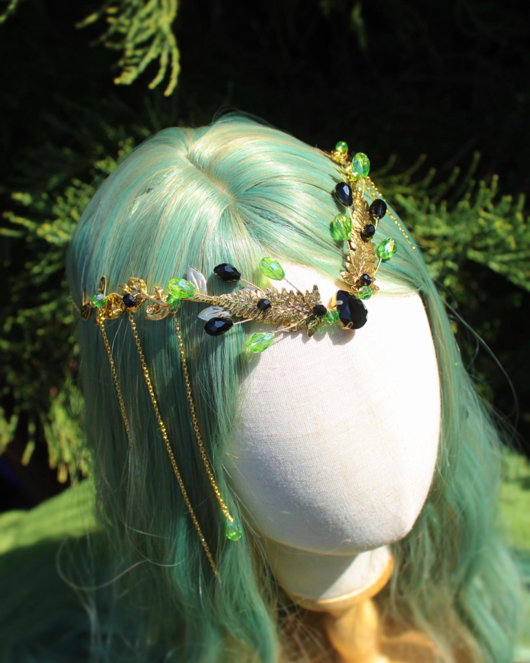 Black Fern Tiara, Green Crystal Elf Headpiece, Woodland 