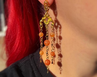 Orange Sunstone Dangle Earrings, Fall jewelry, Ancient Greek Roman Inspired earrings, Gemstone Drop Earrings