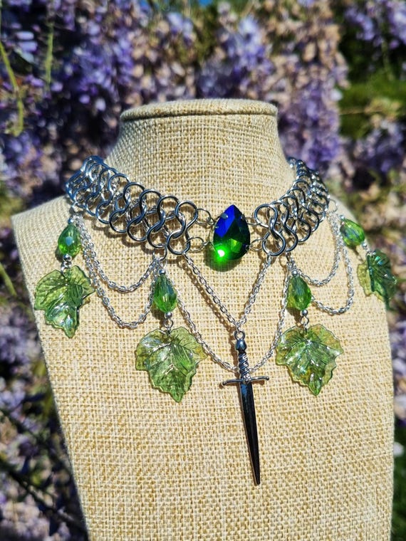 Green Chainmail Necklace, Knightcore Accessories, Chunky Fantasy