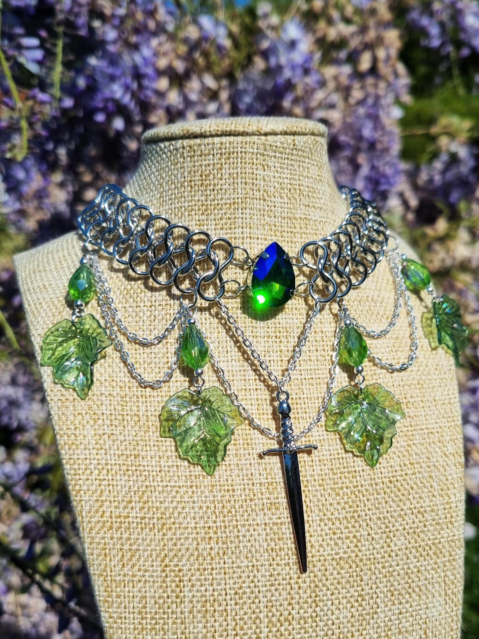 Green Chainmail Necklace, Knightcore Accessories, Chunky Fantasy