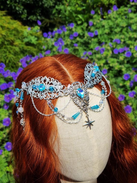 Blue Elven Tiara, Art Nouveau Inspired Silver Headpiece  display picture 1