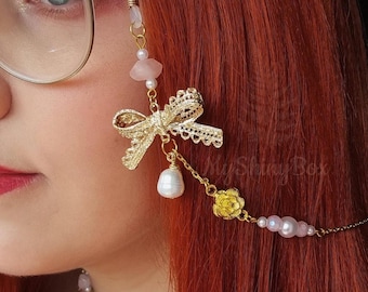 Bow glasses chain with Pearls and Rose quartz, Pink eyeglass chain, Coquettecore accessory