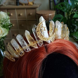 Citrine Crystal crown, Bohemian wedding, Raw Quartz headpiece, Moon crown, Goddess halo, Fantasy Wedding, Gold bridal tiara