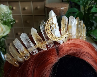 Citrine Crystal crown, Bohemian wedding, Raw Quartz headpiece, Moon crown, Goddess halo, Fantasy Wedding, Gold bridal tiara