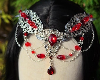 Tiara gotica rossa, copricapo da sposa dark fantasy, corona da regina dei vampiri, cerchietto da sposa gotico