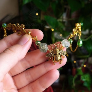 Bee Green fairy tiara, Elven crown with chains, Gold  Elf Headpiece, Fairy Costume Circlet, Fantasy Wedding Crown