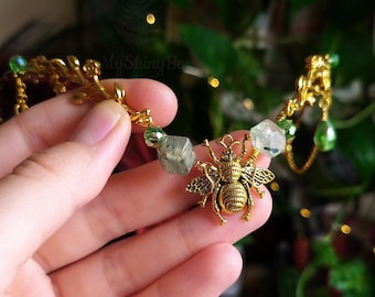 Bee Green Prehnite fairy tiara, Elven crown with chains, Gold Elf Circlet, Fantasy Wedding
