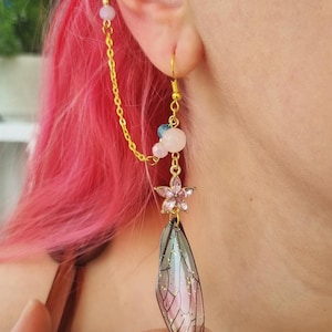 Fairy Wing Earrings with Rose quartz Beads & Ear Cuff – Mismatched Forest Elf Jewelry, Whimsical Cottagecore Earrings, Fantasy Gift for Her