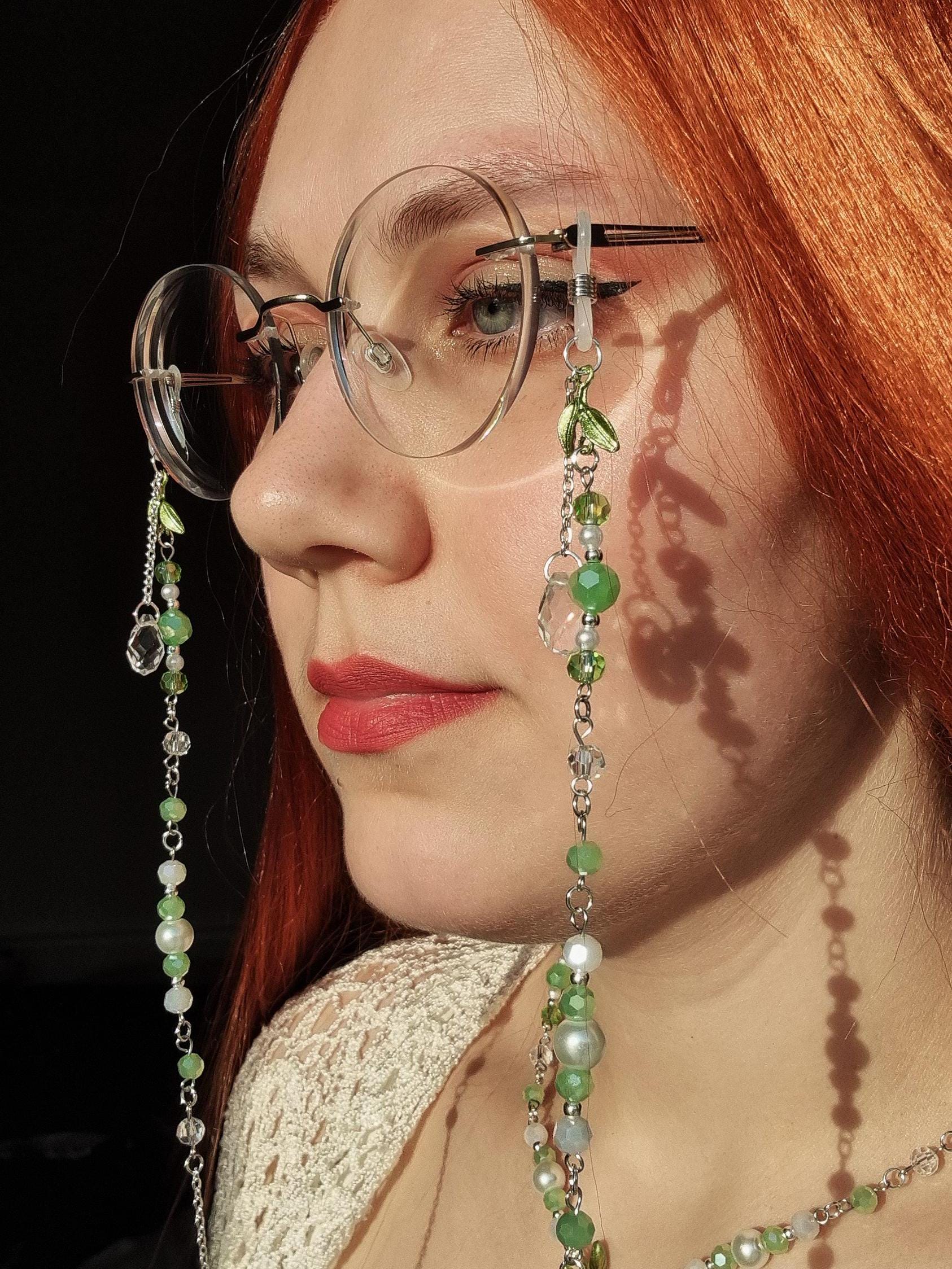 Mistletoe Glasses Chain: Pearl and Green Crystal Beaded Eyeglass
