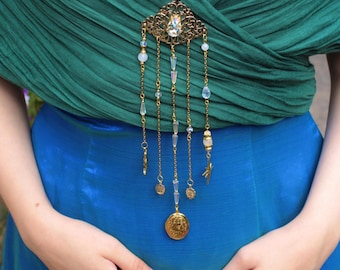 Moonstone Chatelaine Brooch, Iridescent Celestial Pin, Fantasy Cloak Brooch, Elven Jewelry