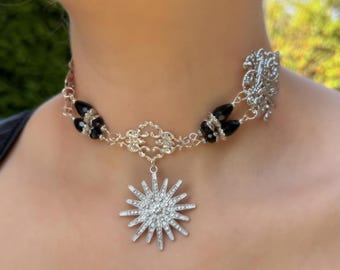 Gotycki naszyjnik z gwiazdą, naszyjnik z czarnym kryształem, biżuteria w stylu fantasy