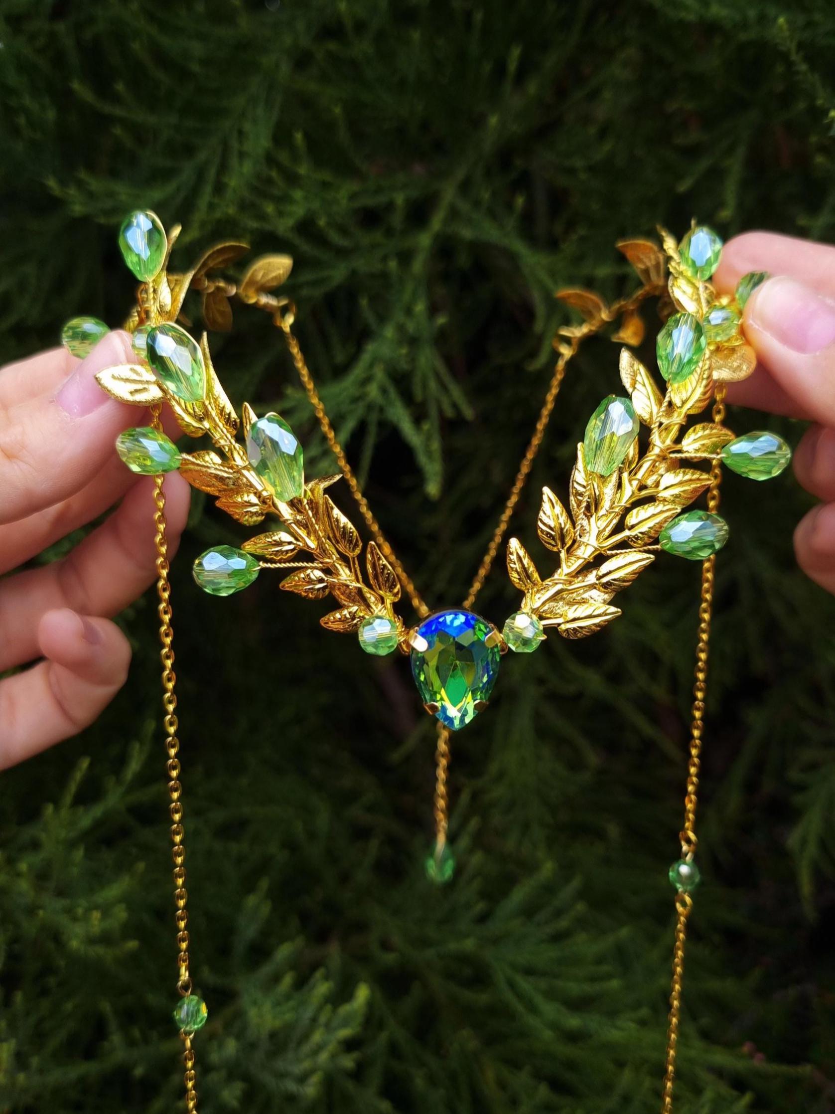 Green Elven Tiara, Gold Woodland Fairy Circlet, Fantasy 