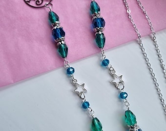 Teal Glasses Chain, Silver moon Eyeglass Holder, Celestial Eyewear Accessory, Witchy gift for her