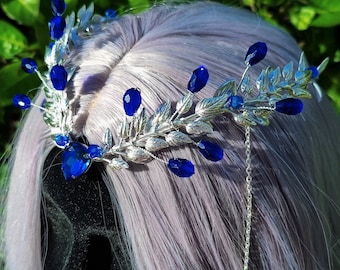 Tiara de elfo azul - Tocado de elfo plateado - Diadema para disfraz de hada - Corona de boda de fantasía - Tiara de baile de fantasía - Corona artesanal