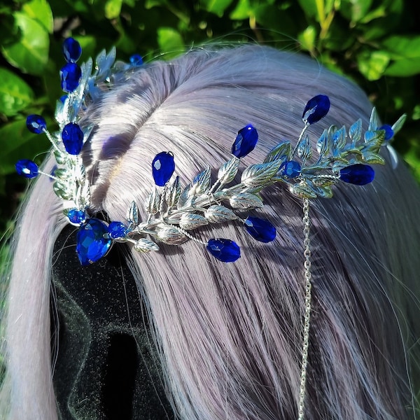 Royal blue silver elven tiara, Fairy Elf Headpiece, Fairy Costume Circlet, Fantasy Wedding Crown, Fantasy ball Tiara, Handcrafted crown