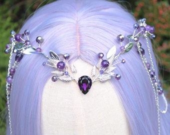 Amethyst elven Tiara, Purple Crystal Headpiece, Gothic Bridal Crown, Dark Fairy Fantasy