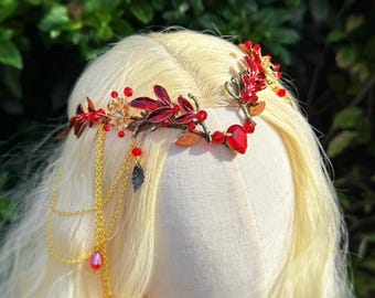 Red Elven Tiara, Autumn Fairy Circlet, Crimson Fairy Crown, Fantasy Fire Goddess Headpiece