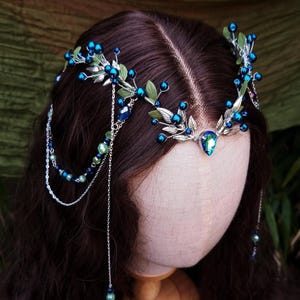 Blue pearls Elven Tiara, Blueberry Fairy crown, Fantasy Wedding headpiece, Arwen inspired