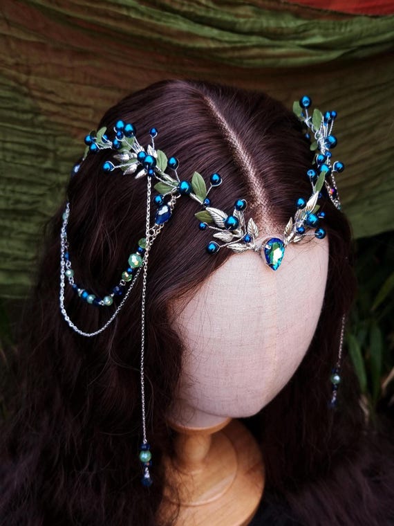 Blue Pearls Elven Tiara, Blueberry Fairy Crown, Fantasy  display picture 3