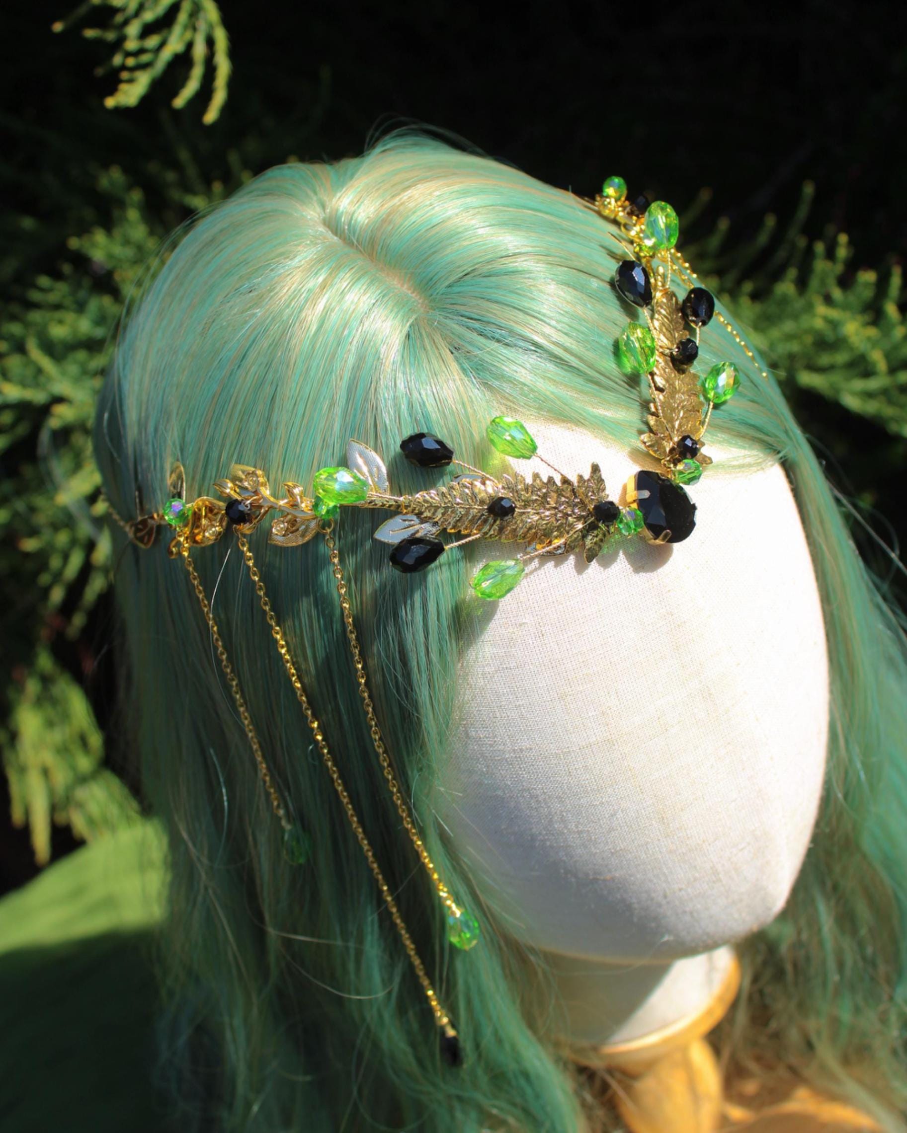 Black Fern Tiara, Green Crystal Elf Headpiece, Woodland  display picture 2