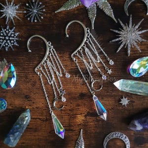 Fairy Rainbow ear cuff with iridescent beads - No piercing earring - Dangling Elf Fantasy ear cuff wrap - Celestial ear wrap cuff