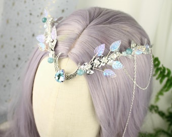 Tiara Lua Prateada em Água-marinha, Coroa Élfica de Inverno, Tiara Fantasia Azul, Diadema Florestal
